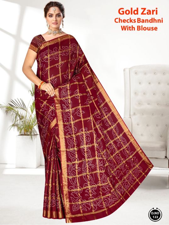 Gold Zari Checks Bandhani Casual Wear Cotton Printed Designer Saree Collection